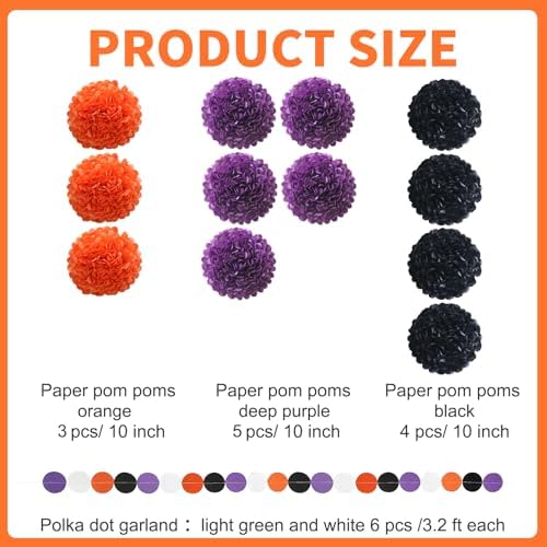 Halloween Pom Poms Garland Paper Flower Balls Hanging Party Decorations - Pom Poms