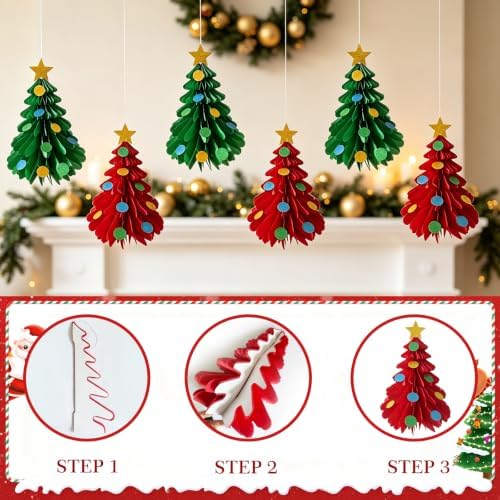 Honeycomb Paper Christmas Ornaments Hanging Trees Bells Santa Hats Light Bulbs Decor - Trees