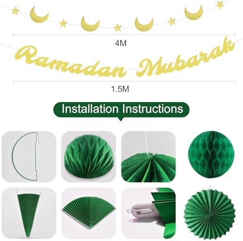 Ramadan Eid Mubarak Decorations Paper Fan Garland Moon Star Banner Gold - Green Gold