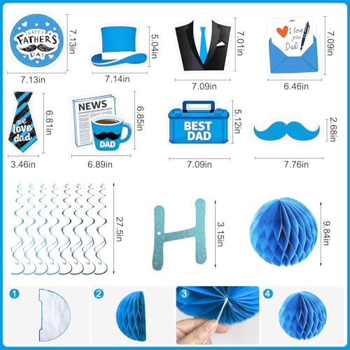 Fathers Day Banner Decorations Honeycomb Balls Hanging Swirls Streamers Party - Navy Blue