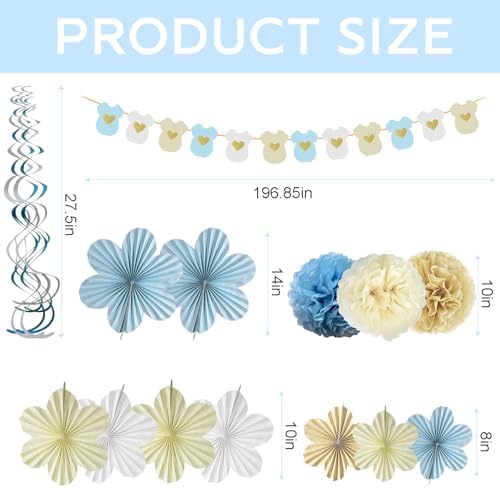 Baby Shower Decorations Paper Fan Banner Tissue Poms for Girl Boy Birthday Party - Light Blue