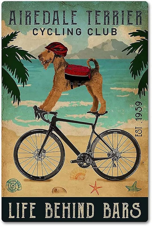 Niekea Airedale Terrier Cycling Vintage Metal Sign - Dog Wall Decor