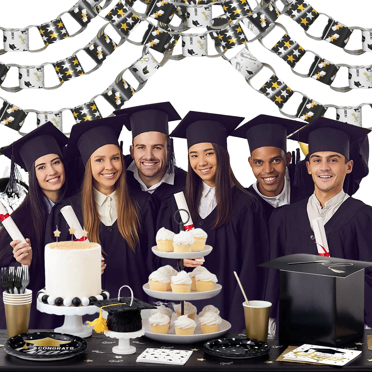 Graduation Banner Black Yellow White Hanging Paper Chain Garlands