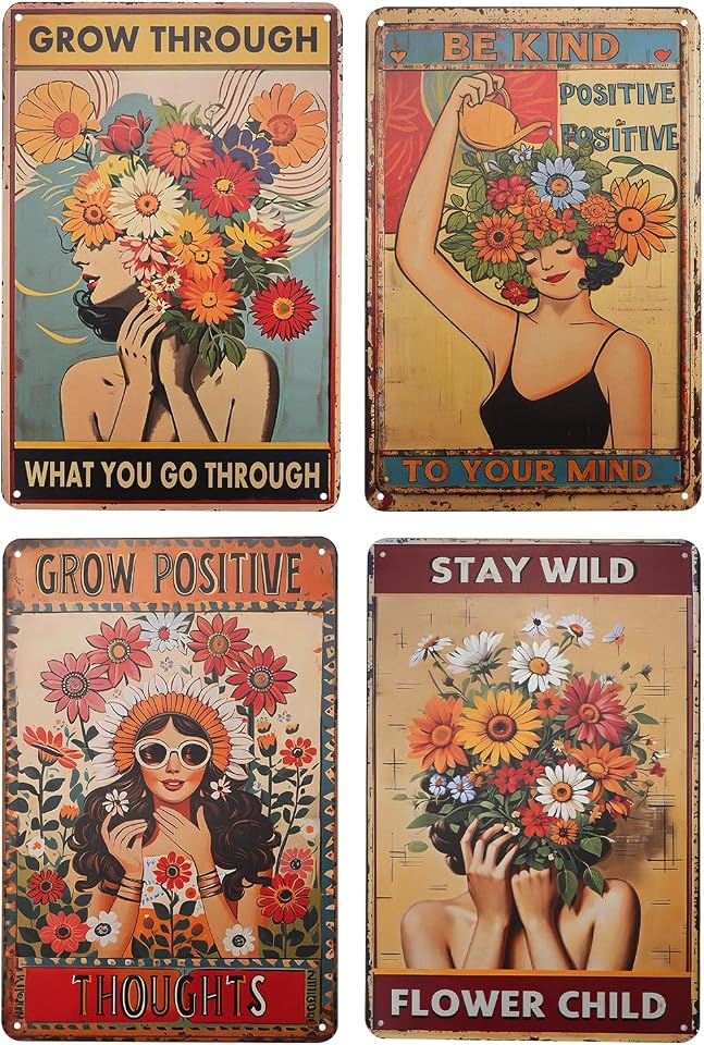Niekea 4PCS Boho Flower Hippie Metal Sign Set - Inspirational Wall Decor