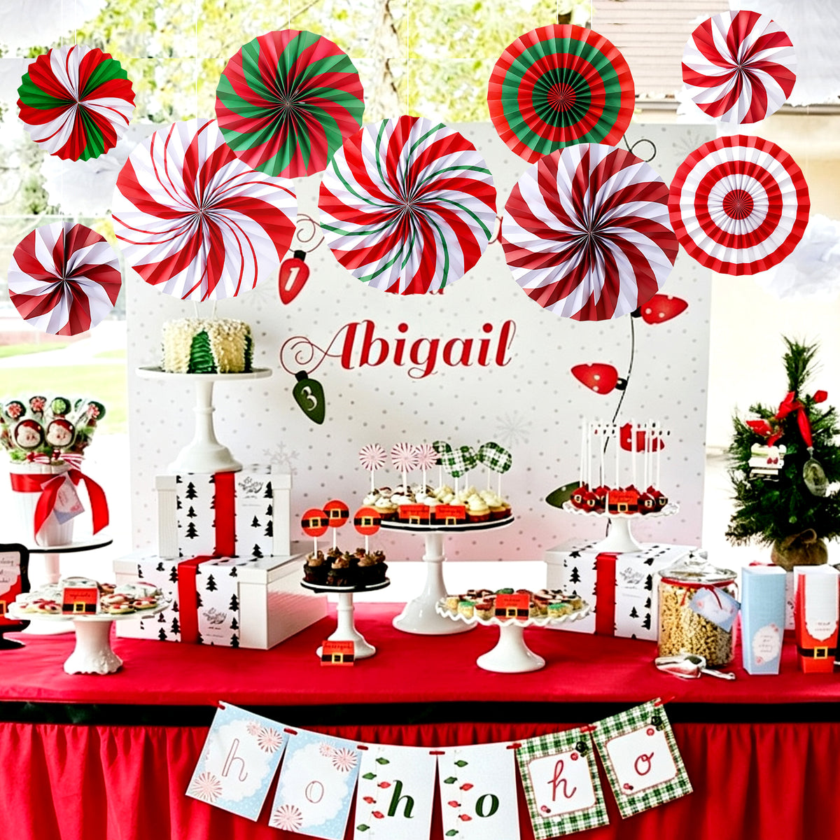 Christmas Hanging Candy Paper Fan Red Green Peppermint Decor for Ceiling Wall Classroom Office Home Fireplace (9Pcs)