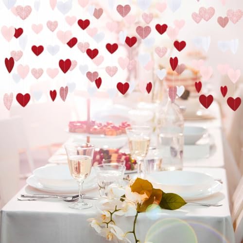Mother's Day Heart Garland Decorations, 52ft Dark Red Pink Rose Gold Double-Sided Paper Heart Streamers for Wedding Engagement Party Decorations - Dark red + pink+ rose gold
