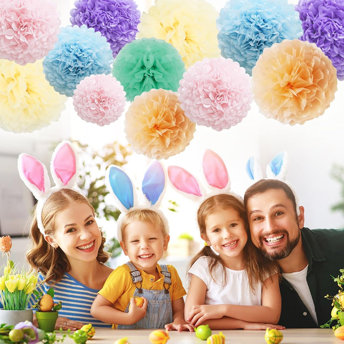 Easter Decorations Pastel Rainbow Tissue Paper Pom Poms Hanging Paper Flower Balls 12pcs - Pastel Rainbow