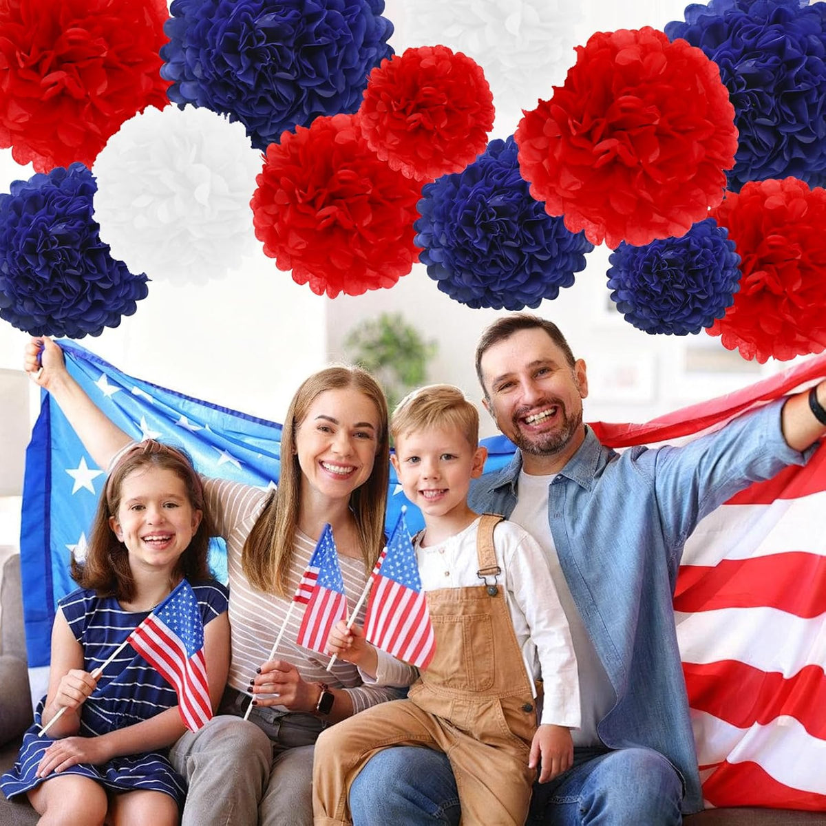 4th of July Decorations Red White and Blue Tissue Paper Pom Poms Hanging Paper Flower Balls 12pcs - Red White & Blue