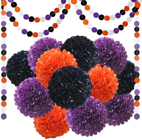 Halloween Pom Poms Garland Paper Flower Balls Hanging Party Decorations - Pom Poms