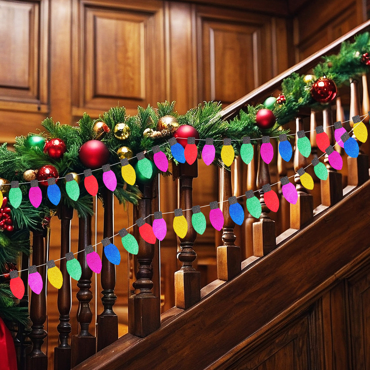 Christmas Paper Banner Garland Merry Christmas Gingerbread Sock Light Bulb Holly Decor - Light Bulbs