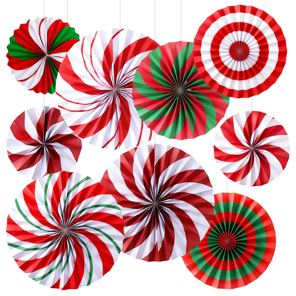 Christmas Hanging Candy Paper Fan Red Green Peppermint Decor for Ceiling Wall Classroom Office Home Fireplace (9Pcs)