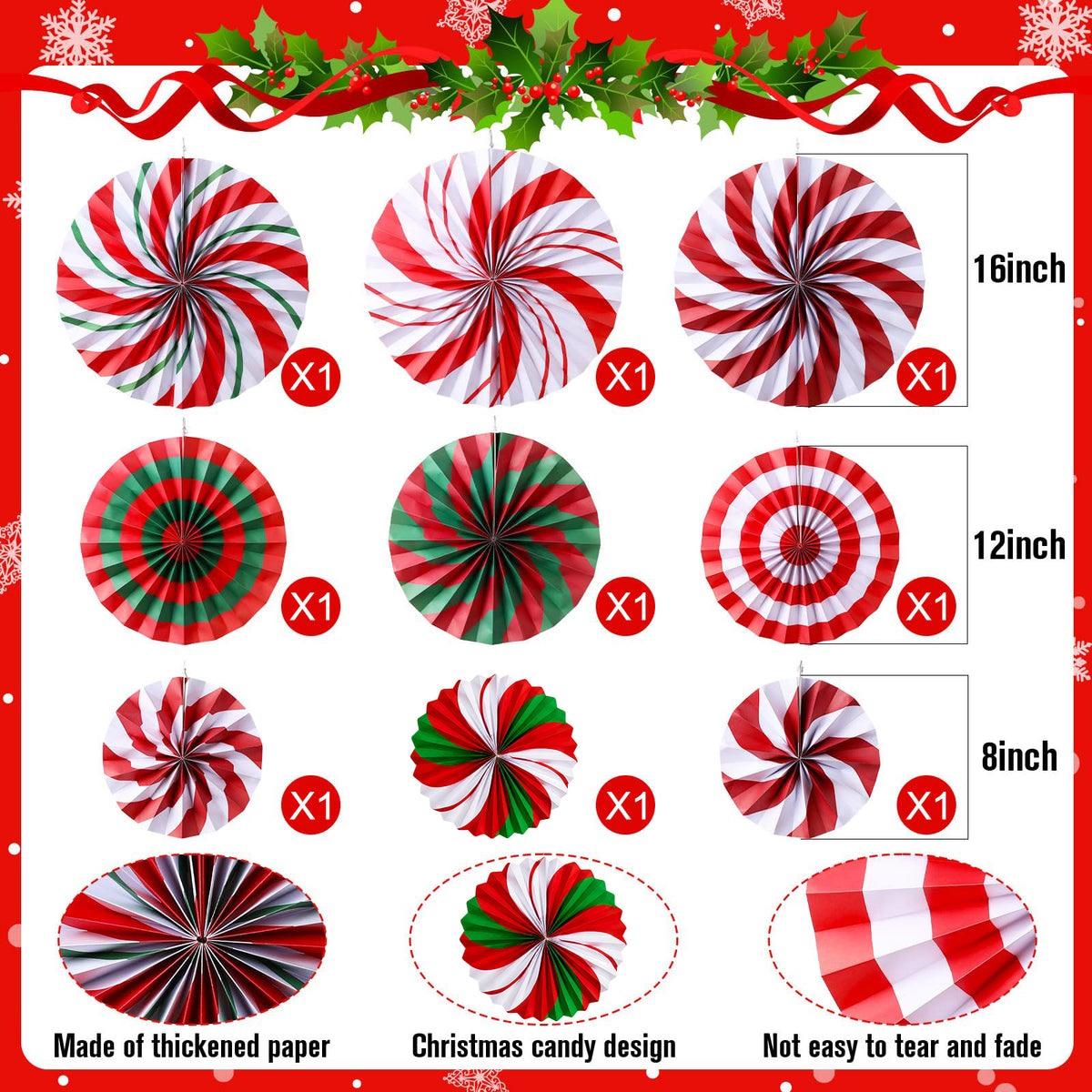 Christmas Hanging Candy Paper Fan Red Green Peppermint Decor for Ceiling Wall Classroom Office Home Fireplace (9Pcs)