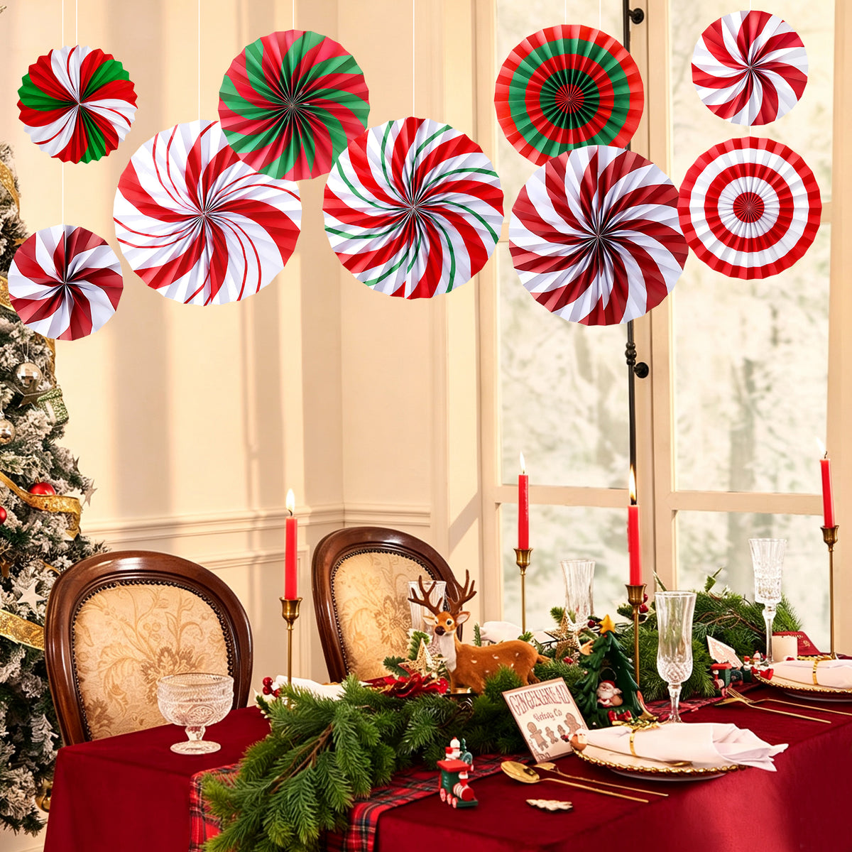 Christmas Hanging Candy Paper Fan Red Green Peppermint Decor for Ceiling Wall Classroom Office Home Fireplace (9Pcs)