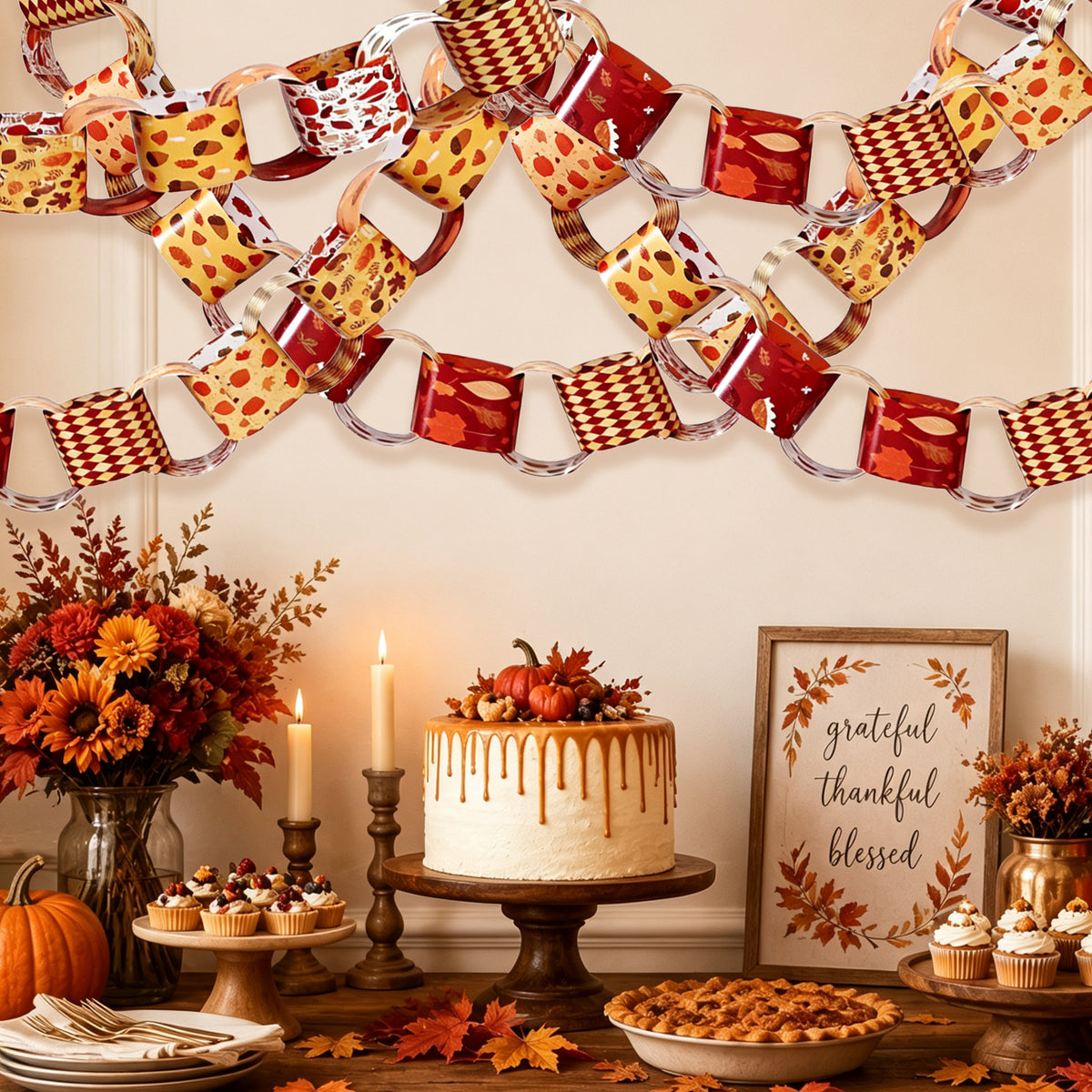 Fall Paper Chain Garland Maple Pumpkin for Autumn Thanksgiving Supplies