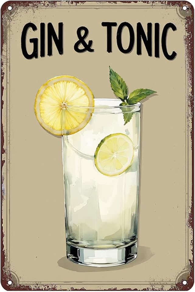 Niekea Gin & Tonic Metal Sign 12x8 - Vintage Cocktail Bar Wall Decor