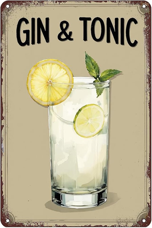 Niekea Gin & Tonic Metal Sign 12x8 - Vintage Cocktail Bar Wall Decor