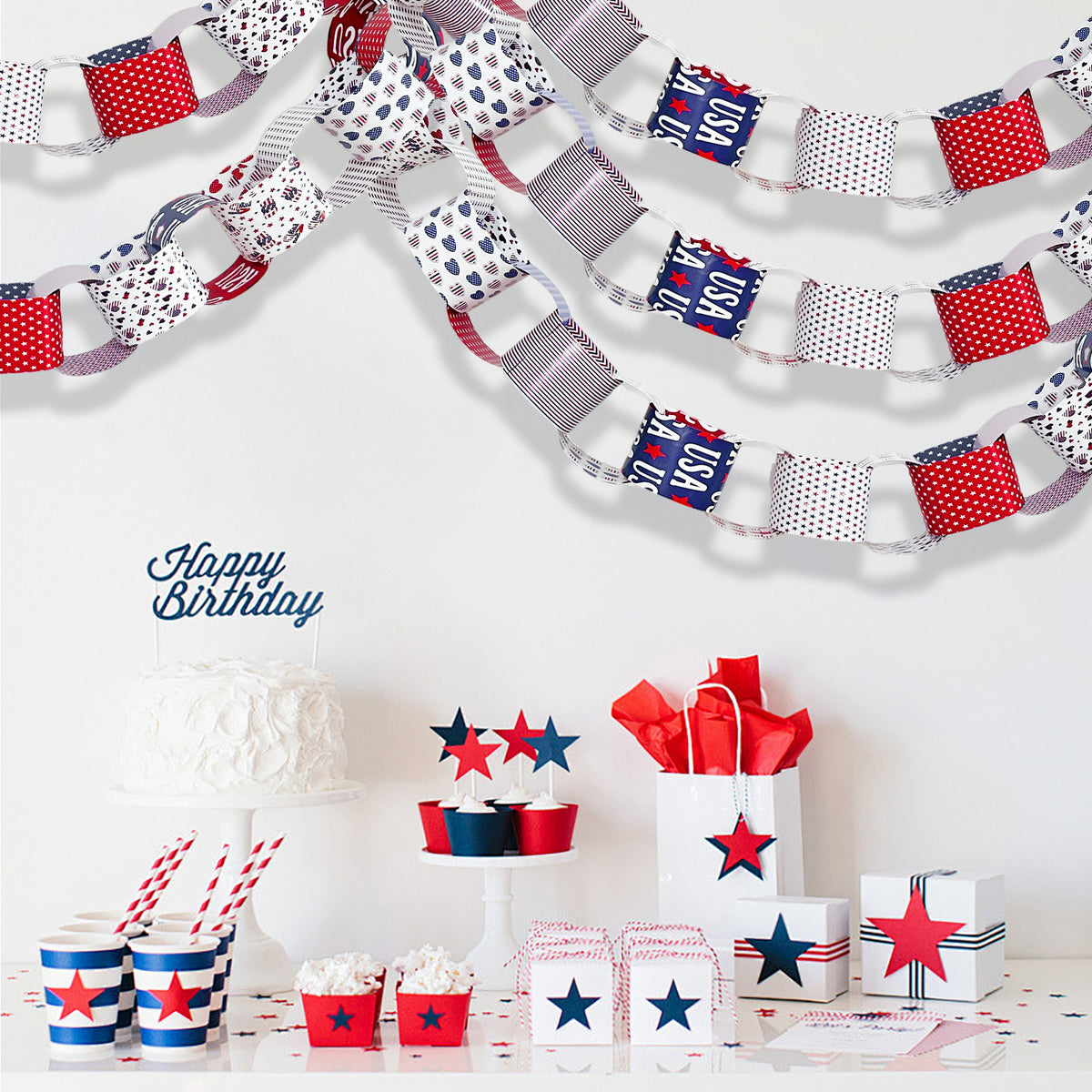 4th of July Paper Strips Blue Red Star Paper Chain Garland 300 Pcs