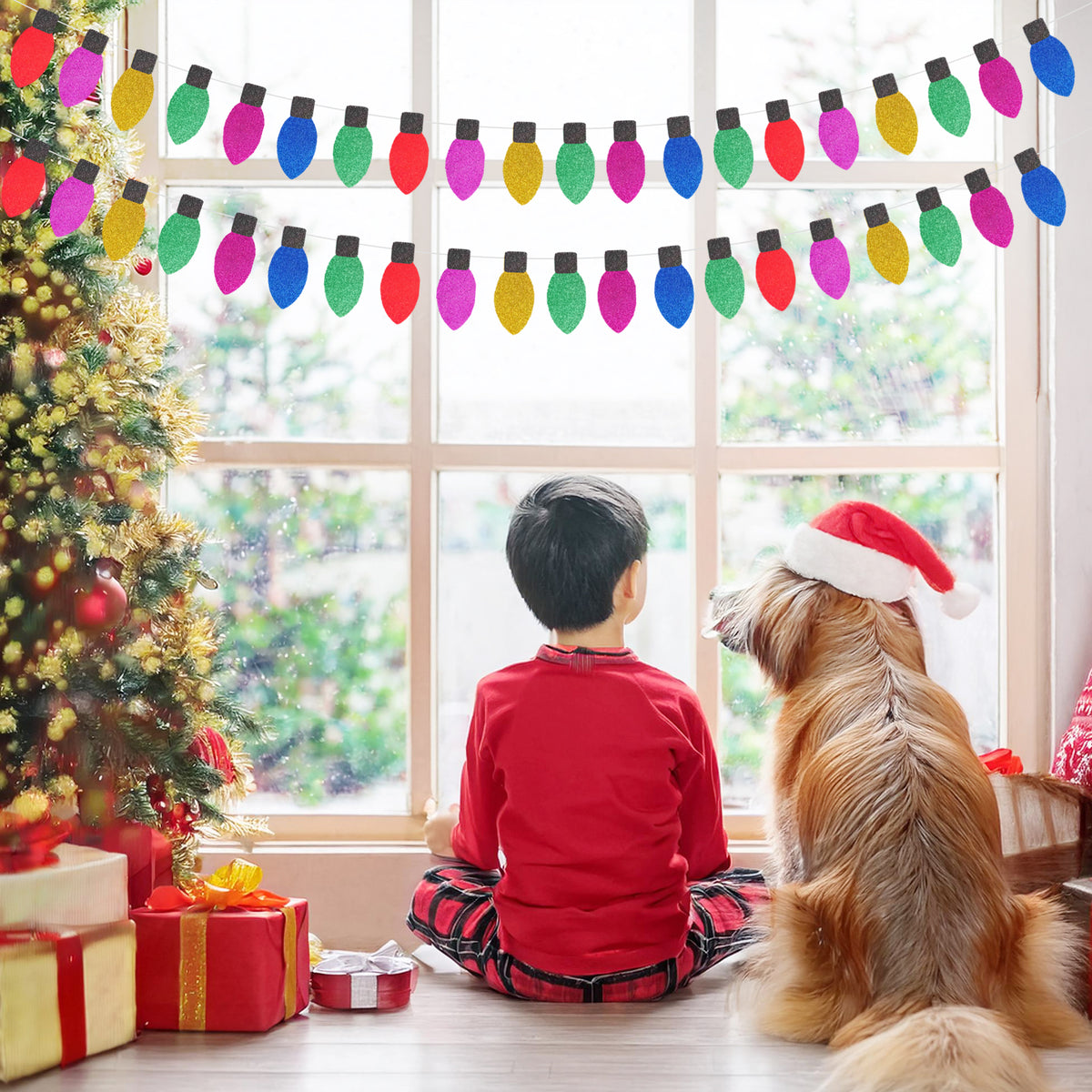 Christmas Light Shape Banner Colorful Glitter Paper Bulbs Banners for Tree