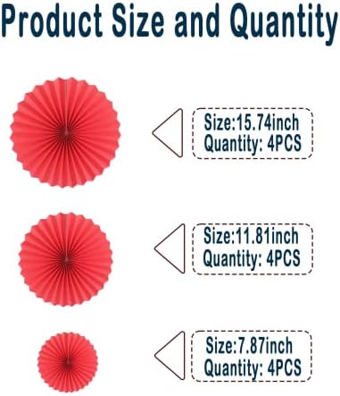 HQZ Red Party Hanging Fans DIY Set - 12pcs Pinwheels & Flowers for Weddings, Birthdays, Christmas; Hanging Fan Decorations