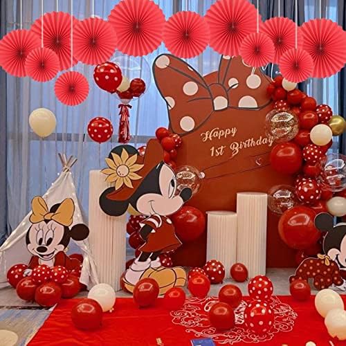 HQZ Red Party Hanging Fans DIY Set - 12pcs Pinwheels & Flowers for Weddings, Birthdays, Christmas; Hanging Fan Decorations