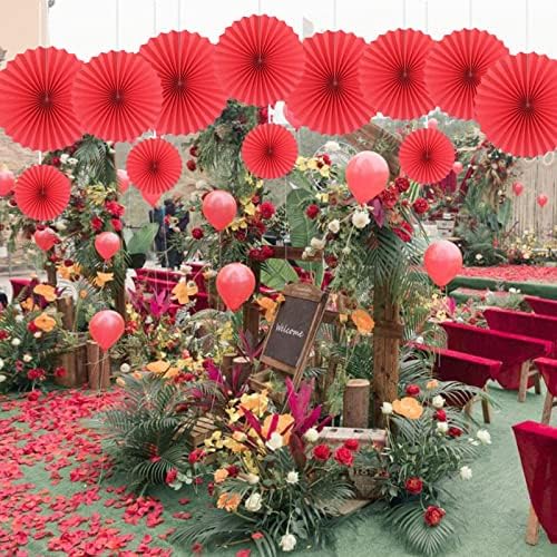 HQZ Red Party Hanging Fans DIY Set - 12pcs Pinwheels & Flowers for Weddings, Birthdays, Christmas; Hanging Fan Decorations