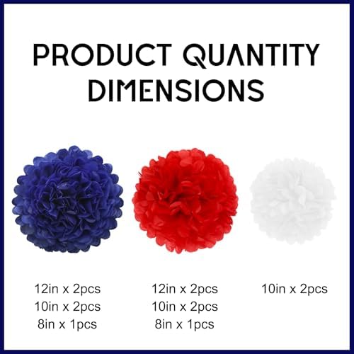4th of July Decorations Red White and Blue Tissue Paper Pom Poms Hanging Paper Flower Balls 12pcs - Red White & Blue