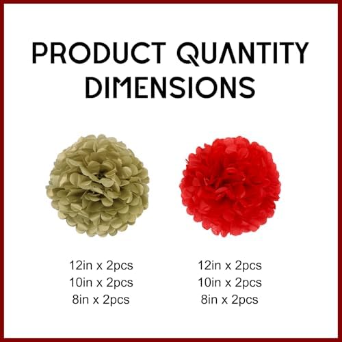 New Year Decorations Red and Gold Tissue Paper Pom Poms Hanging Paper Flower Balls 12pcs - Red & Gold