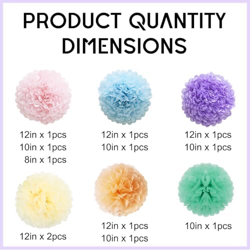 Easter Decorations Pastel Rainbow Tissue Paper Pom Poms Hanging Paper Flower Balls 12pcs - Pastel Rainbow
