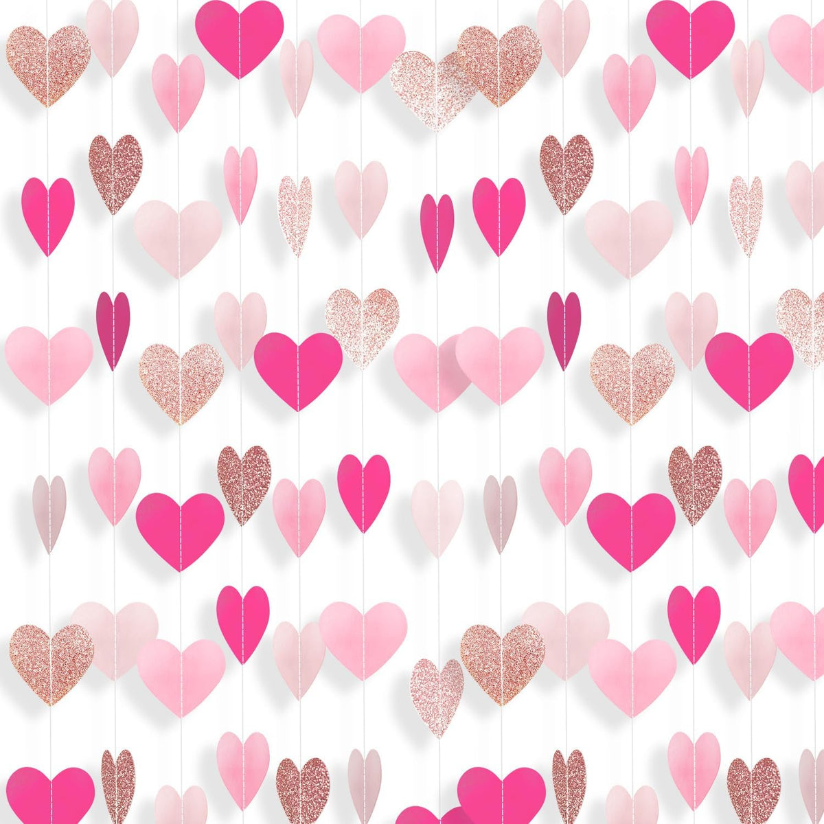 Valentine's Day Heart Garland Decorations, 52ft Hot Pink Rose Gold White Double-Sided Paper Heart Streamers for Mother's Day Wedding Party Decorations - Hot pink +rose gold+ white