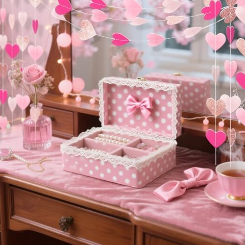 Valentine's Day Heart Garland Decorations, 52ft Hot Pink Rose Gold White Double-Sided Paper Heart Streamers for Mother's Day Wedding Party Decorations - Hot pink +rose gold+ white