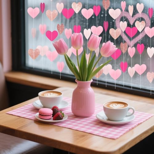 Valentine's Day Heart Garland Decorations, 52ft Hot Pink Rose Gold White Double-Sided Paper Heart Streamers for Mother's Day Wedding Party Decorations - Hot pink +rose gold+ white