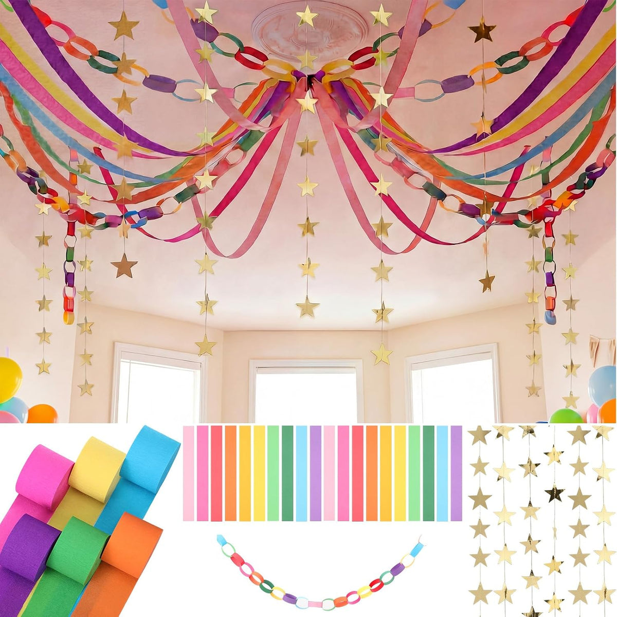 Frienda Paper Chain Strips Streamers Garland Set,Rainbow,Colorful, 6 Rolls Crepe Streamers 300 Paper Chains 4 Gold Star Garlands for Baby Shower Birthday Party Decorations - Colorful