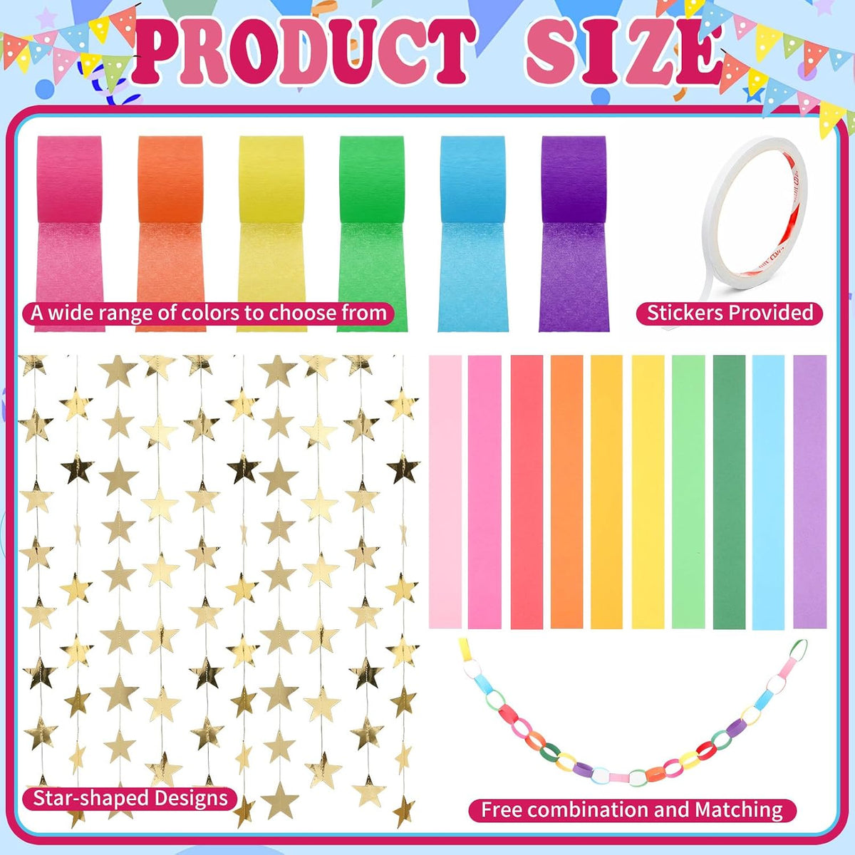 Frienda Paper Chain Strips Streamers Garland Set,Rainbow,Colorful, 6 Rolls Crepe Streamers 300 Paper Chains 4 Gold Star Garlands for Baby Shower Birthday Party Decorations - Colorful