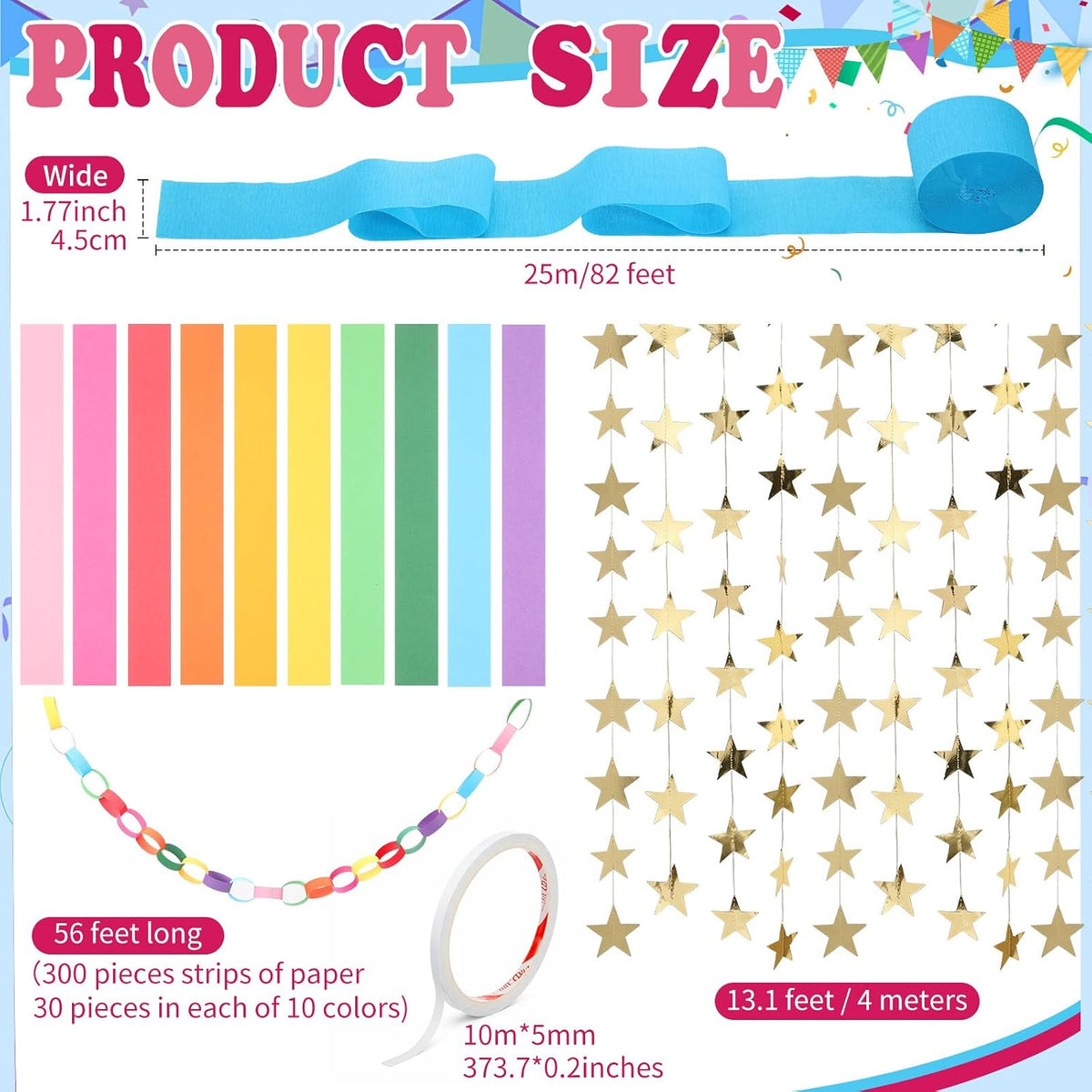 Frienda Paper Chain Strips Streamers Garland Set,Rainbow,Colorful, 6 Rolls Crepe Streamers 300 Paper Chains 4 Gold Star Garlands for Baby Shower Birthday Party Decorations - Colorful