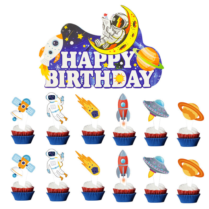 Space Birthday Party Decorations, Outer Space Happy Birthday Banner with Astronaut Cake Toppers and Rocket Cutouts, Moon and Astronaut Topper for a Kids Space Theme Birthday, Galaxy Party Supplies