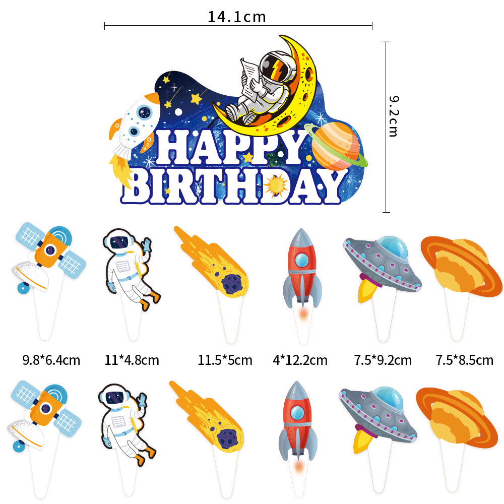Space Birthday Party Decorations, Outer Space Happy Birthday Banner with Astronaut Cake Toppers and Rocket Cutouts, Moon and Astronaut Topper for a Kids Space Theme Birthday, Galaxy Party Supplies