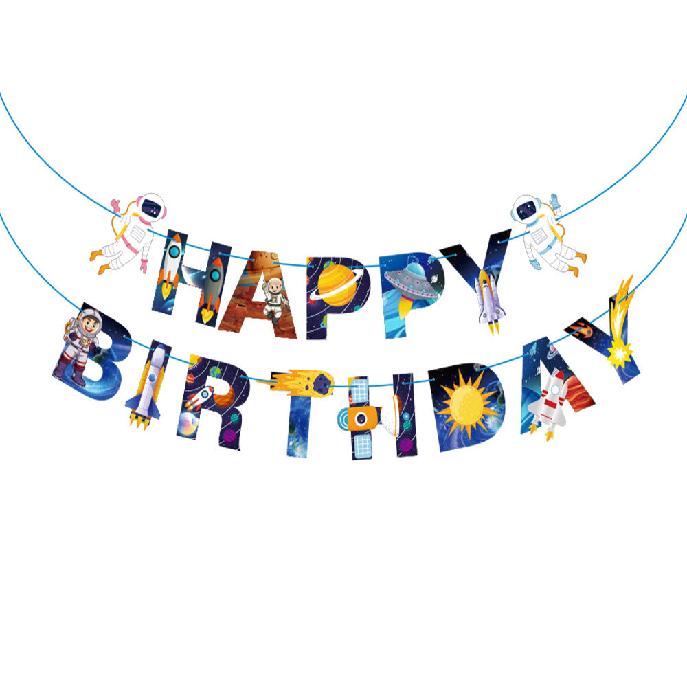 Space Birthday Party Decorations, Outer Space Happy Birthday Banner with Astronaut Cake Toppers and Rocket Cutouts, Moon and Astronaut Topper for a Kids Space Theme Birthday, Galaxy Party Supplies