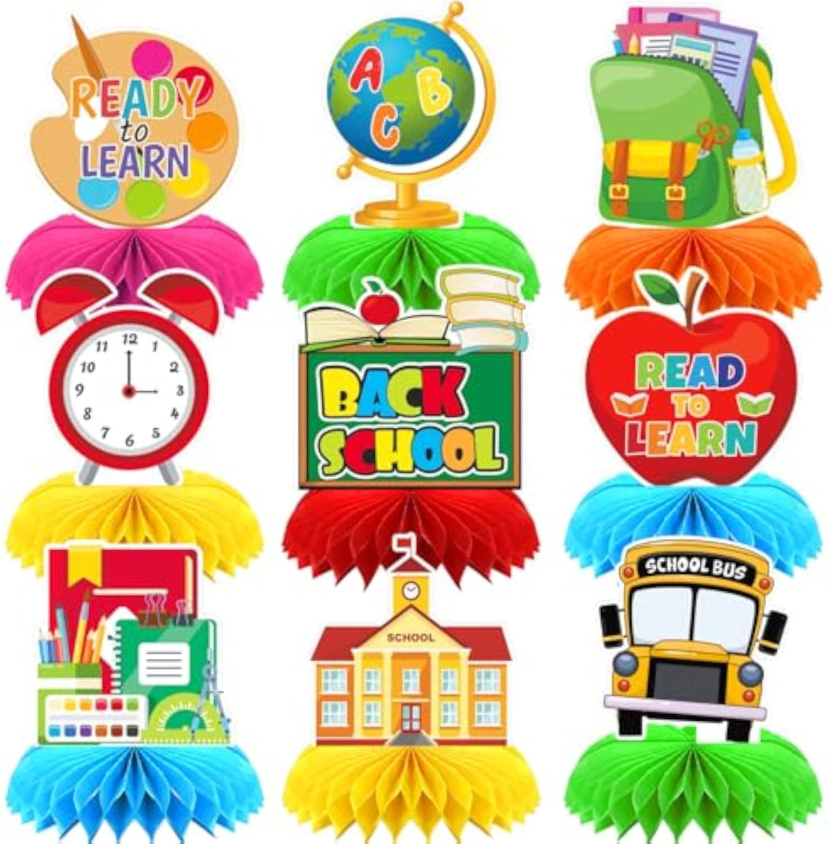 Back to School Table Decorations, 9 Pcs Welcome Back to School Honeycomb Centerpieces for Tables, First Day of School Party Toppers for Classrooms and Desks