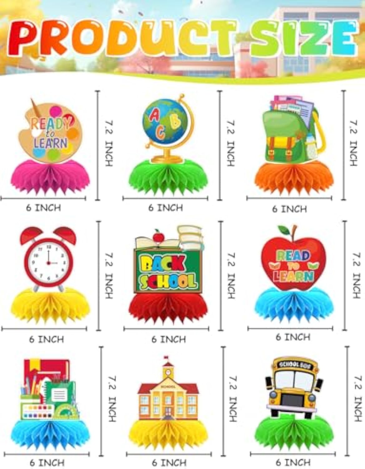 Back to School Table Decorations, 9 Pcs Welcome Back to School Honeycomb Centerpieces for Tables, First Day of School Party Toppers for Classrooms and Desks