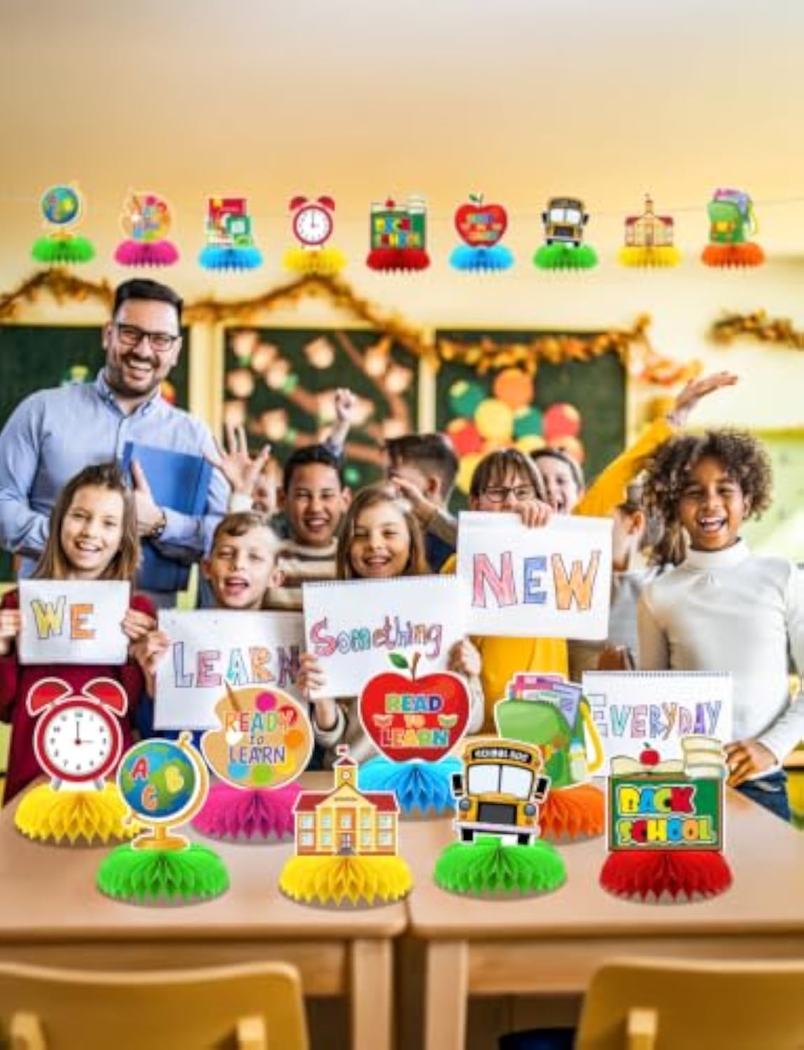 Back to School Table Decorations, 9 Pcs Welcome Back to School Honeycomb Centerpieces for Tables, First Day of School Party Toppers for Classrooms and Desks