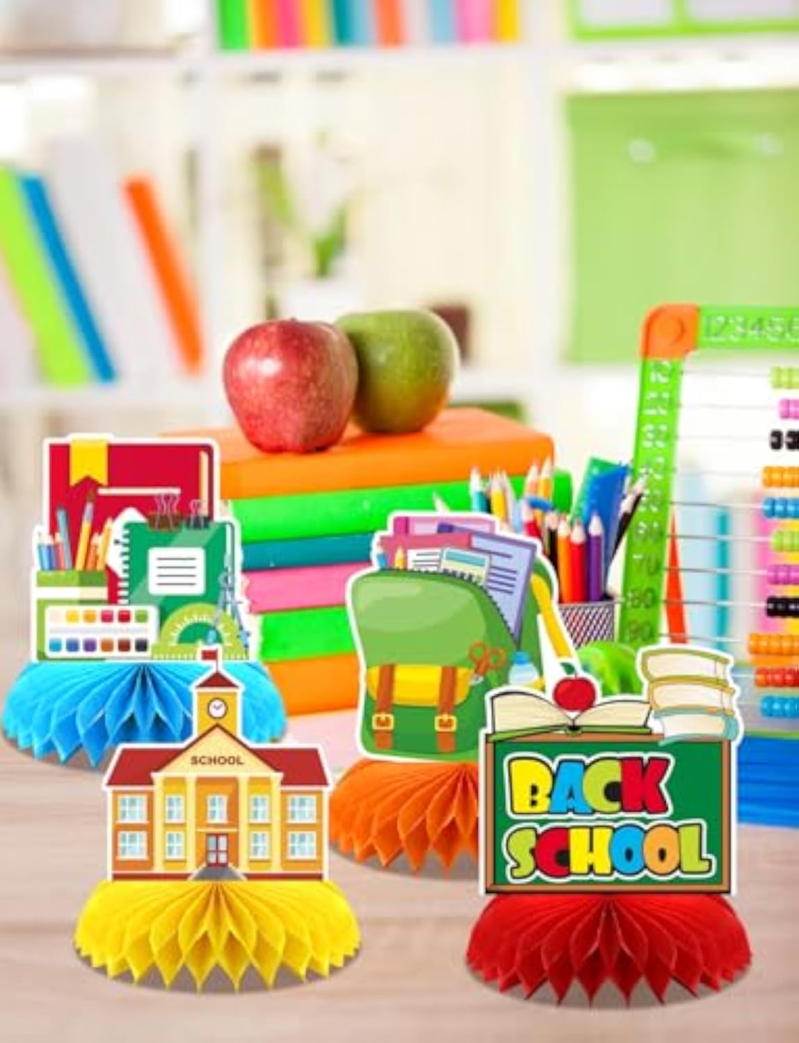 Back to School Table Decorations, 9 Pcs Welcome Back to School Honeycomb Centerpieces for Tables, First Day of School Party Toppers for Classrooms and Desks
