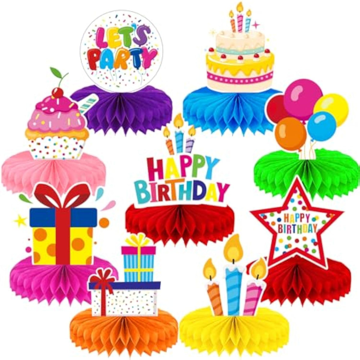 Birthday Table Decorations, 9 Pcs Colorful Birthday Honeycomb Centerpieces for Tables, Happy Birthday Party Table Toppers for Kids, Boys and Girls - Birthday