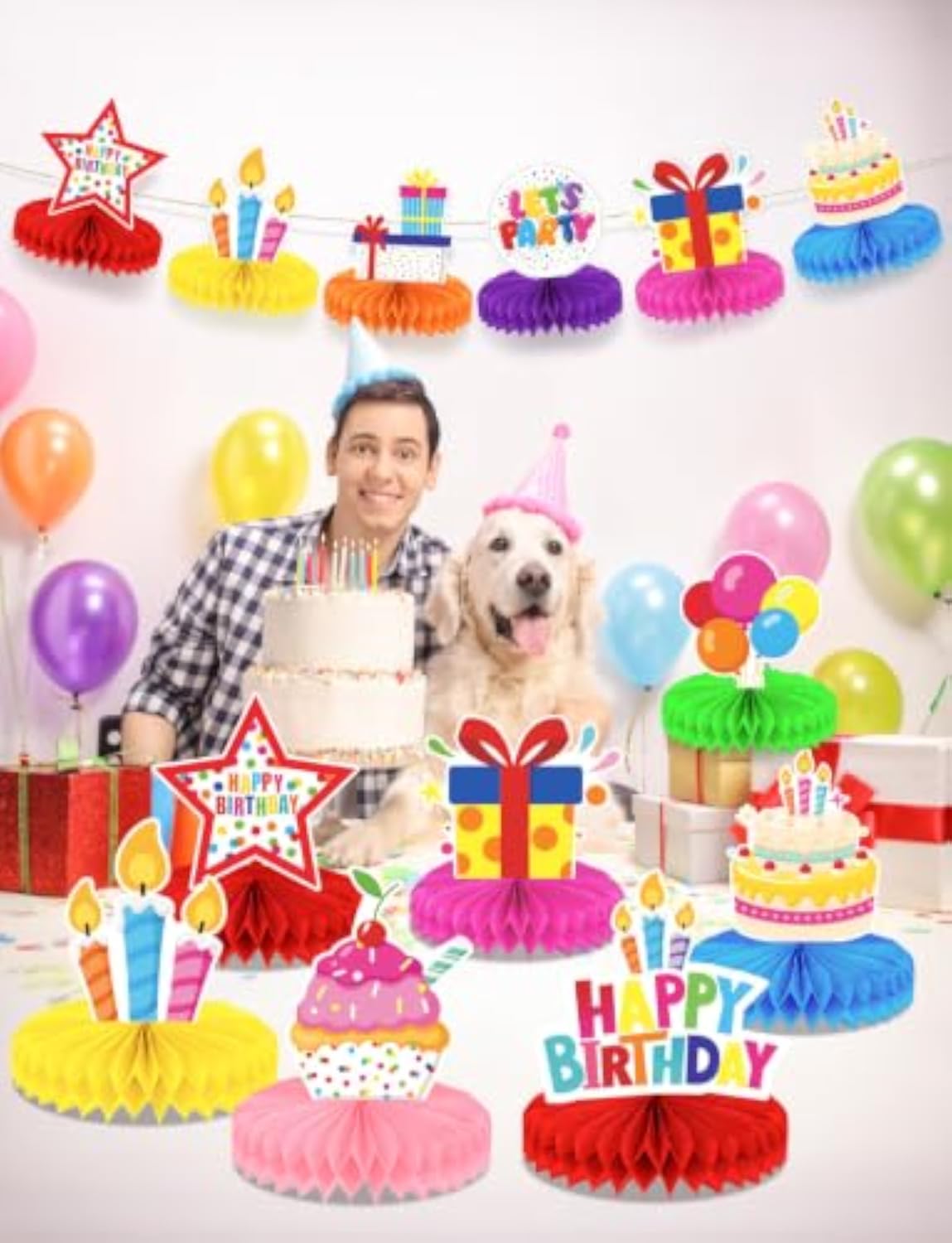 Birthday Table Decorations, 9 Pcs Colorful Birthday Honeycomb Centerpieces for Tables, Happy Birthday Party Table Toppers for Kids, Boys and Girls