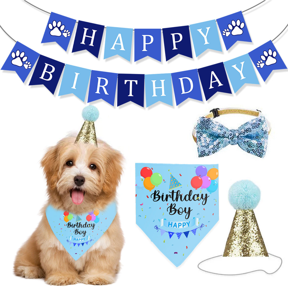 Pet Birthday Party Decorations, 4 Pcs Dog Cat Birthday Bandana, Party Hat, Bow Tie and Happy Birthday Banner Set, Puppy Kitten Birthday Party Supplies for Dogs and Cats - blue