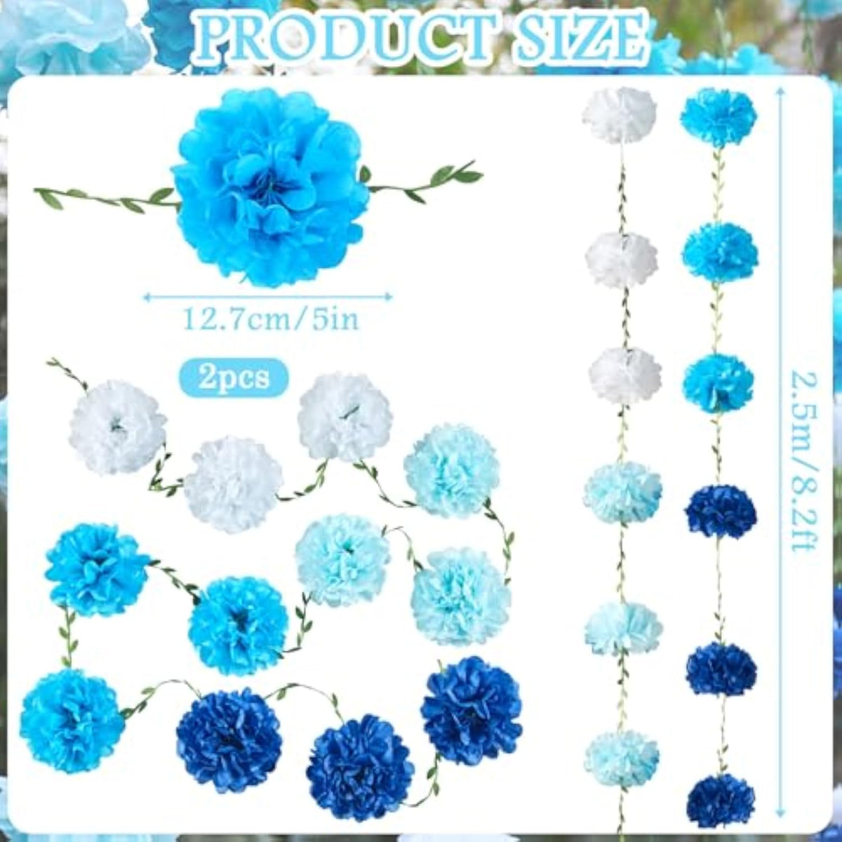 Gradient Blue Tissue Paper Pom Pom Garlands, Paper Flowers for Birthday Decorations, Baby Shower, Wedding Engagement, Bridal Shower, Spring Summer Party Decorations, 2 Pcs - Blue