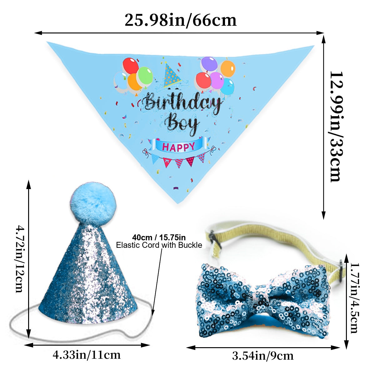 Pet Birthday Party Decorations, 4 Pcs Dog Cat Birthday Bandana, Party Hat, Bow Tie and Happy Birthday Banner Set, Puppy Kitten Birthday Party Supplies for Dogs and Cats - blue