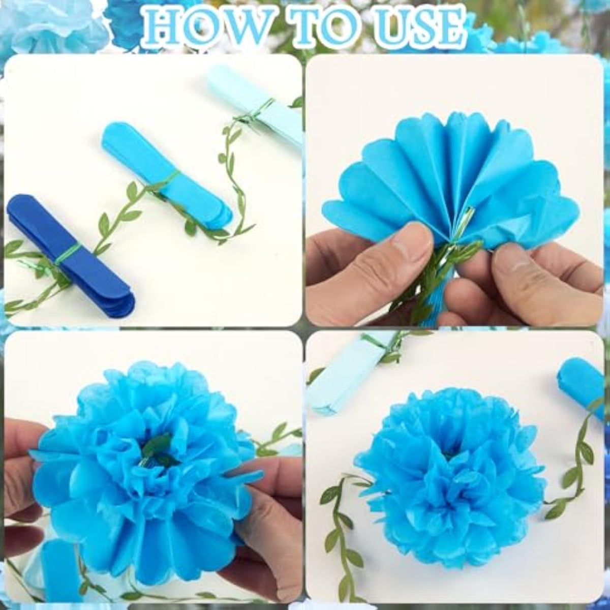 Gradient Blue Tissue Paper Pom Pom Garlands, Paper Flowers for Birthday Decorations, Baby Shower, Wedding Engagement, Bridal Shower, Spring Summer Party Decorations, 2 Pcs - Blue