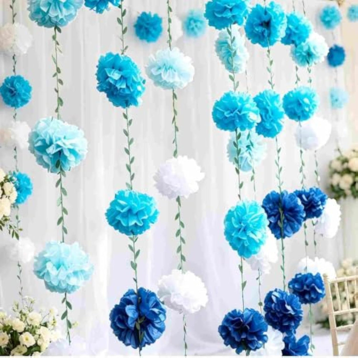 Gradient Blue Tissue Paper Pom Pom Garlands, Paper Flowers for Birthday Decorations, Baby Shower, Wedding Engagement, Bridal Shower, Spring Summer Party Decorations, 2 Pcs - Blue
