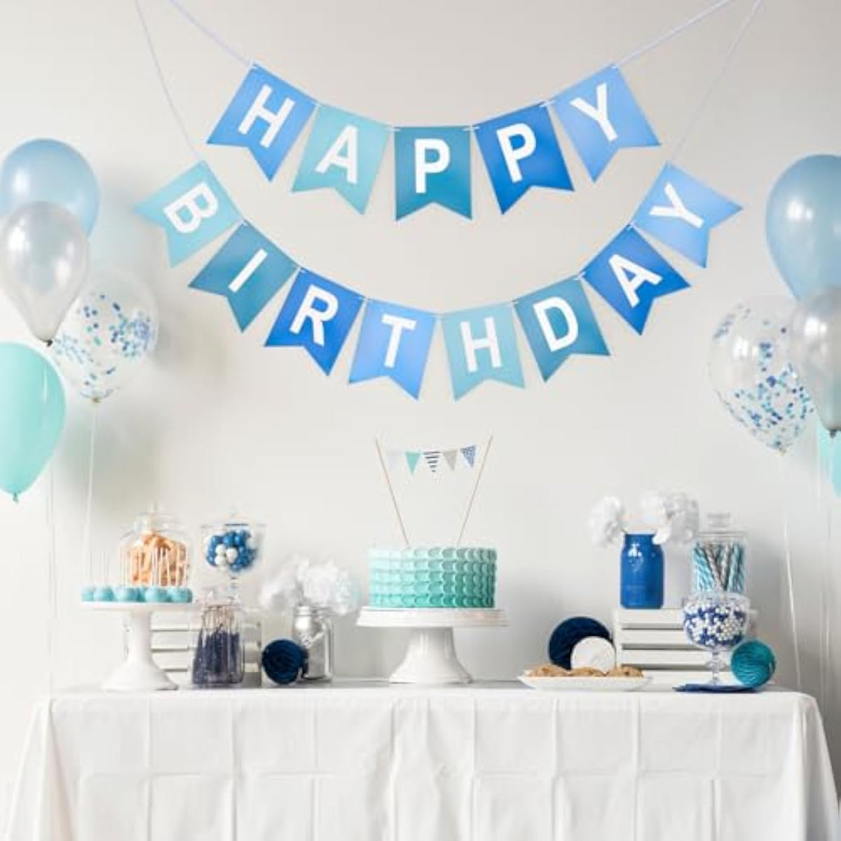Blue Happy Birthday Banner NO DIY Birthday Sign, Cardstock Letter Banner Bunting for Birthday Party Decorations, 13 Pcs - Blue