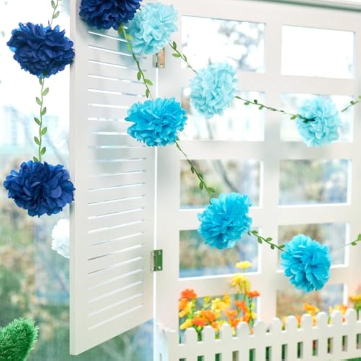 Gradient Blue Tissue Paper Pom Pom Garlands, Paper Flowers for Birthday Decorations, Baby Shower, Wedding Engagement, Bridal Shower, Spring Summer Party Decorations, 2 Pcs - Blue